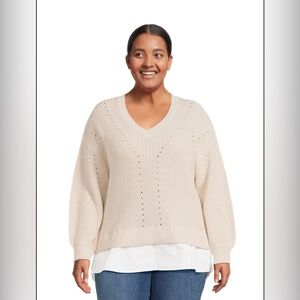 Terra & Sky Womens Shaker Knit Layered Sweater Ivory Sugar |  2X (20W-22W)